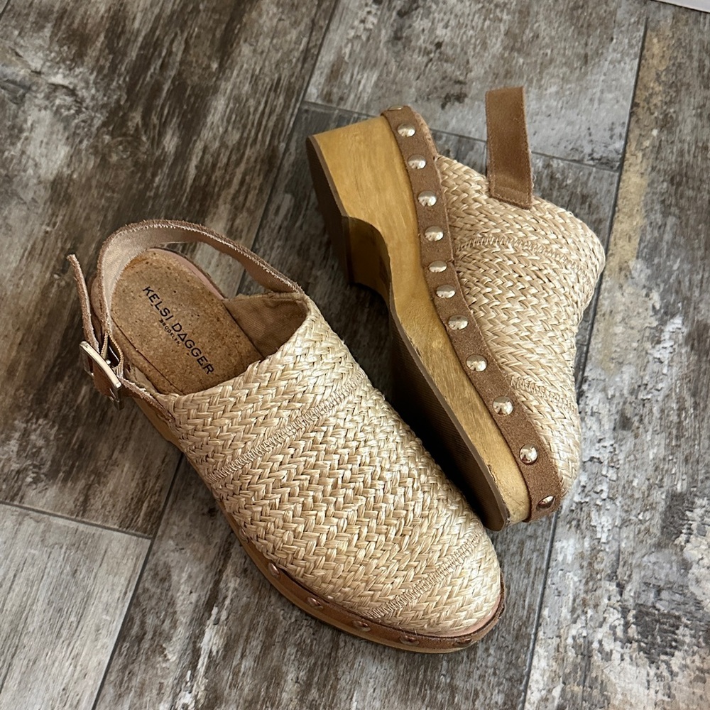 Kelsi Dagger Tan Woven Mules with Studded Heel